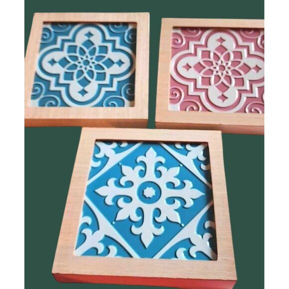 Decorative Wall Art Wooden Framed Blue & Pink Ceramic Tiles Set Of 3 - Picture 1 of 8